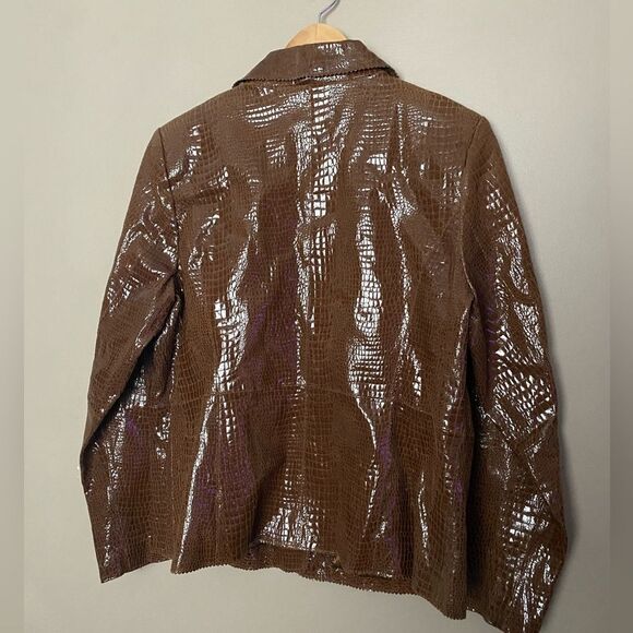 BRADLEY BAYOU brown leather coat shiny crocodile embossed Y2K Glam vintage sz L - Picture 11 of 14
